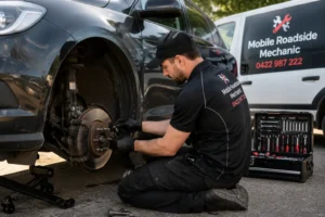 Mobile mechanic inspecting a car brake system at a Sydney location