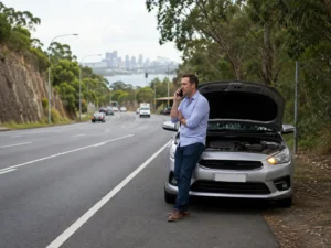 Driver waiting safely beside a broken-down car while roadside assistance arrives in Sydney