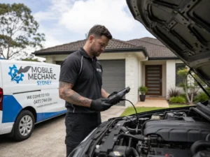 Mobile mechanic inspecting a car at a customer's home in Sydney